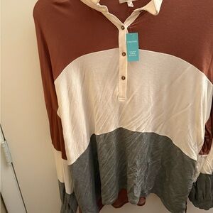 NWT Maurices Cream and Brown Long Sleeve Polo Sweatshirt